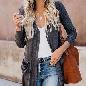 Long Cardigan Button Down with Pockets.  Size Small / Grey